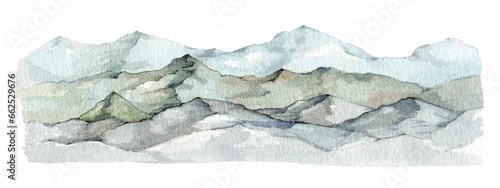 High mountain range landscape. Watercolor painted illustration. Hand drawn hills element. Rocky mountains natural landscape. Mountain range isolated on white background