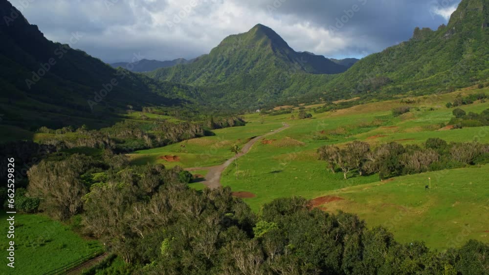 Kualoa Ranch, Hawaii - Beautiful, high, wide, drone shot Kualoa Ranch, Hawaii - Beautiful, high, wide, drone shot