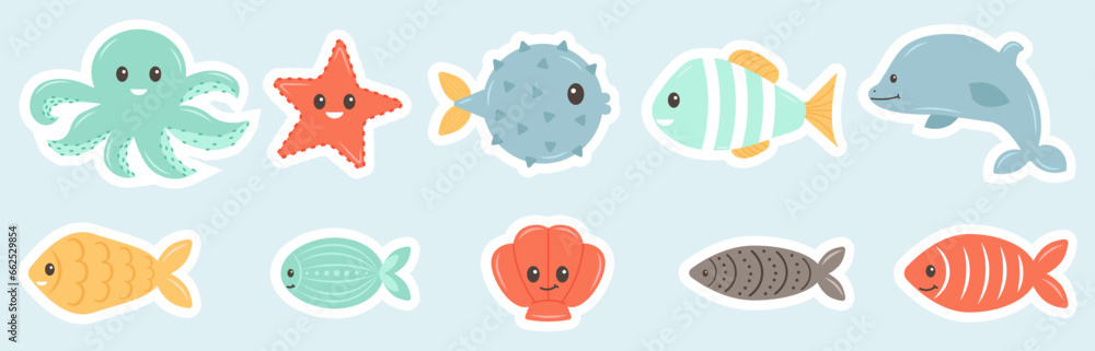 Set with hand drawn sea life stickers. Sea animals. Ocean vibes. Doodle cartoon set of marine life objects. Vector illustration Set with hand drawn sea life stickers. Sea animals. Ocean vibes. Doodle cartoon set of marine life objects. Vector illustration