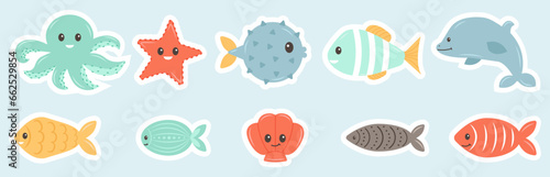 Set with hand drawn sea life stickers. Sea animals. Ocean vibes. Doodle cartoon set of marine life objects. Vector illustration