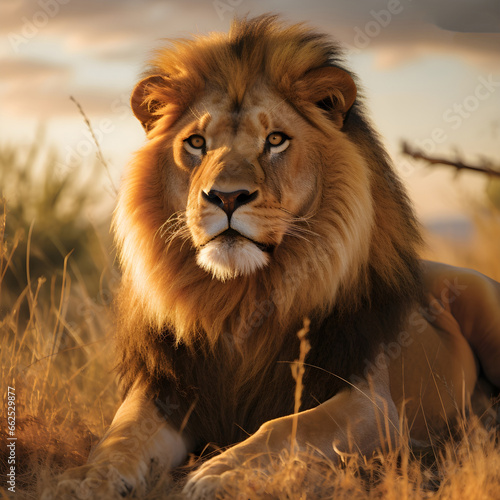Portrait of big lion lying on savannah grass, looking for his area during the sunset