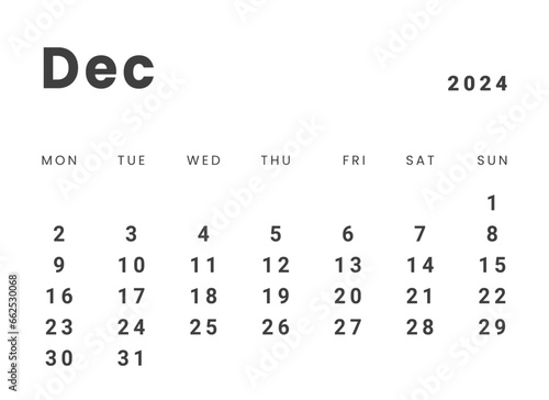 Template design of Monthly Calendar on december 2024. Vector layout minimal calendar with week start Monday.