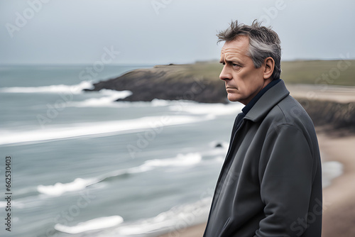A photo of a middle-aged man in his 50s looking blankly at the sea Generate AI 