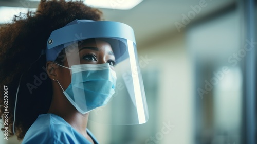 Female African-American nurse, wearing personal protective gear