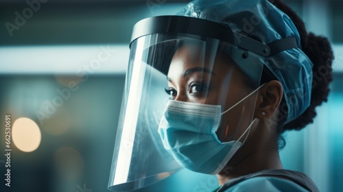 Female African-American nurse, wearing personal protective gear photo