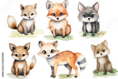 Hand-painted collection of cute woodland creatures on white background. Illustrative Art and Creativity. © Postproduction