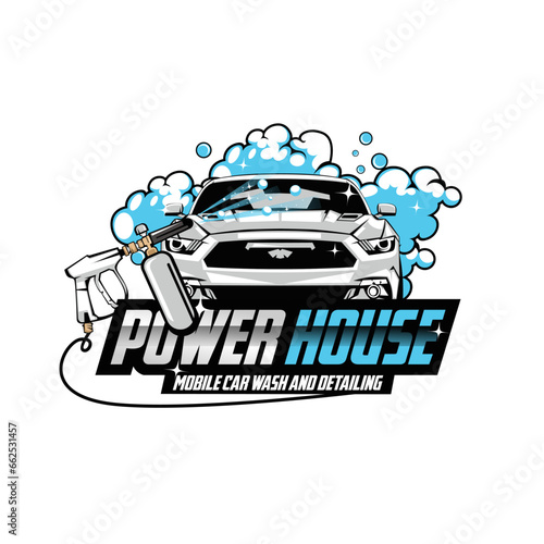 Car wash mascot logo. Racing car mascot logo illustration. Auto detailing car wash logo