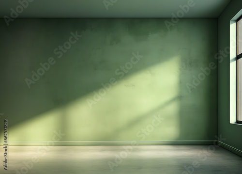 Creative interior concept. Large empty grunge rustic textured green wall room facade design with blank frame and natural shadow. Banner template for product presentation