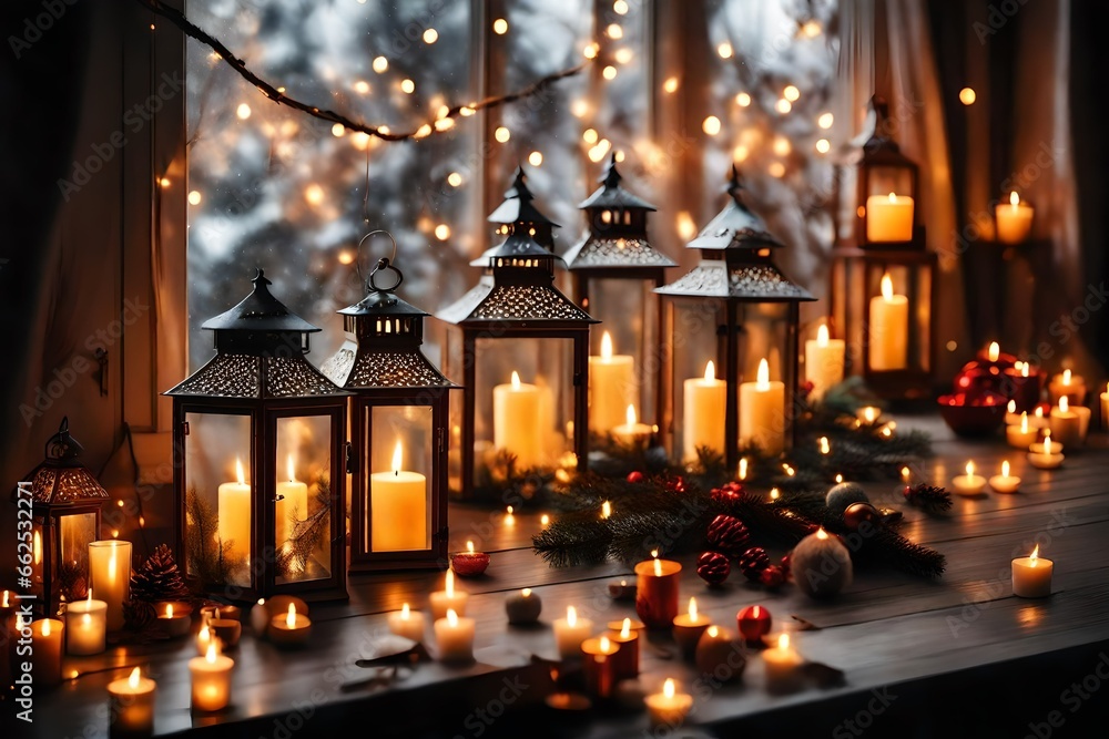 hygge, decoration and christmas concept - candles burning in lanterns on window 