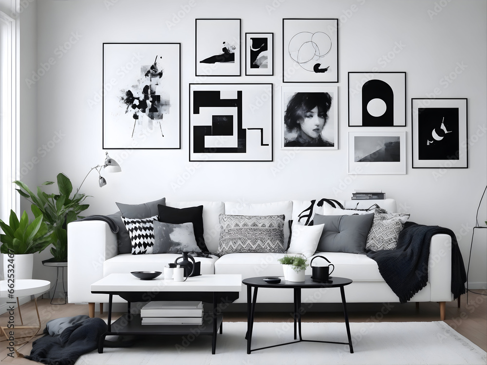 Scandinavian boho home interior design of modern living room with white sofa and black coffee table with art poster on white wall. Generative AI.
