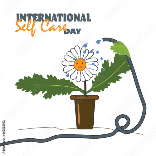 International self-care day. The flower waters itself. banner, template.