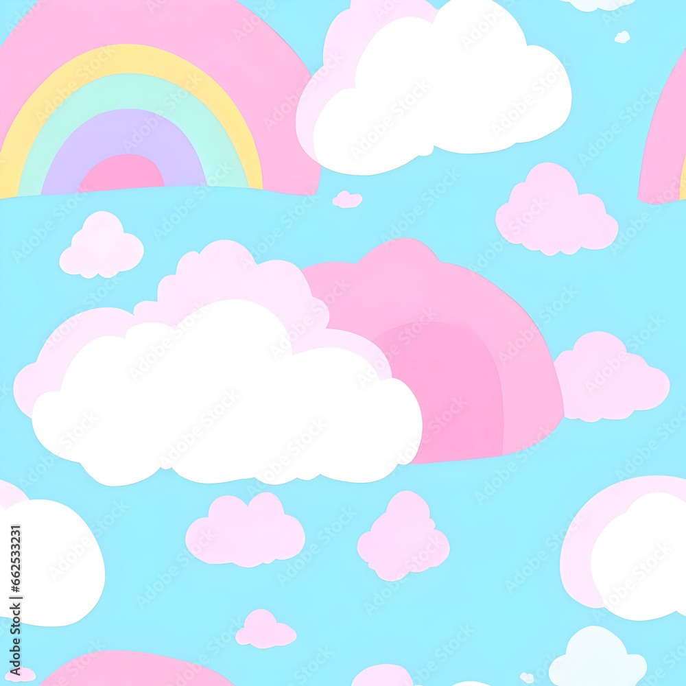 Childish Illustration. Pastel Clouds And Rainbows Seamless Pattern. For Textile, Fabric, And rDesign. Pink Clouds In The Sky