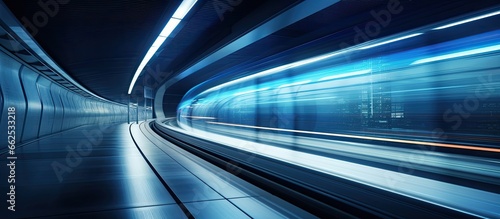 Motion blurred cityscape through Tokyo monorail s subway tunnel With copyspace for text
