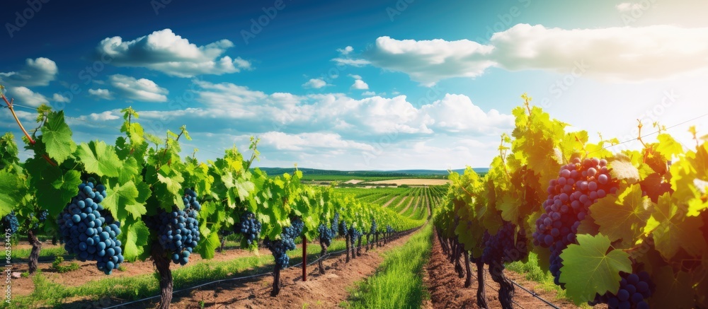 Picturesque summer agricultural landscape featuring vibrant rows of red grape vineyards under a blue sky With copyspace for text - obrazy, fototapety, plakaty 