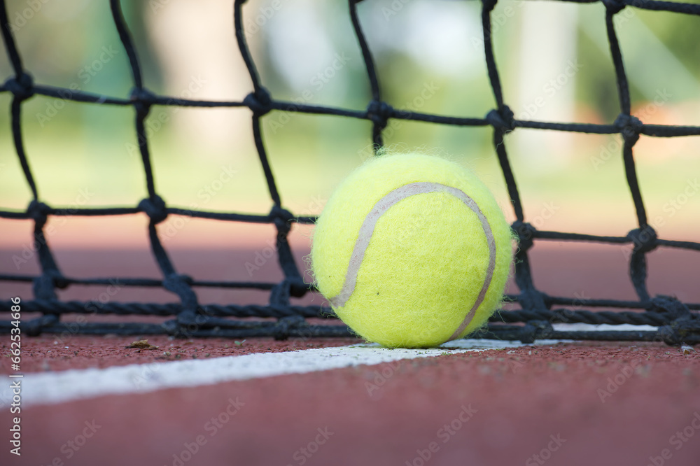 Yellow tennis ball near white line and black net