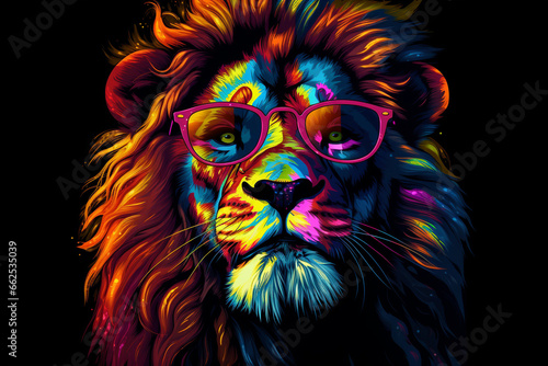 cute lion wearing glasses combination of neon lights  black background 3d rendering AI generative 