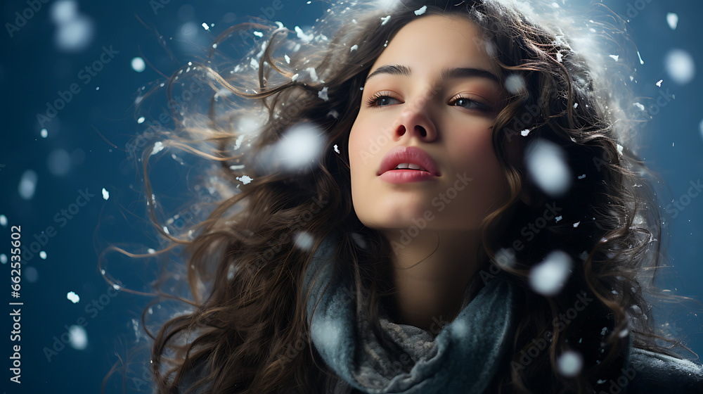 Model Blowing Snowflakes in Winter Attire Against a Frost