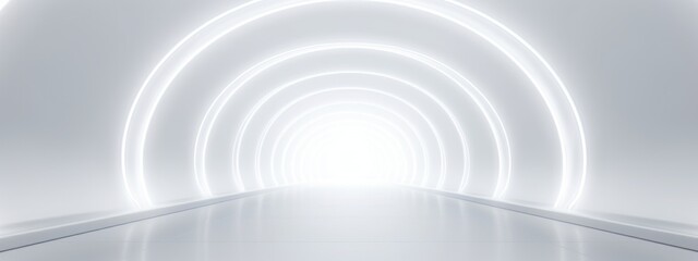 White background 3D room light abstract space technology tunnel stage floor. Empty white future 3D neon background  studio futuristic corridor render modern interior silver road black wall design gray