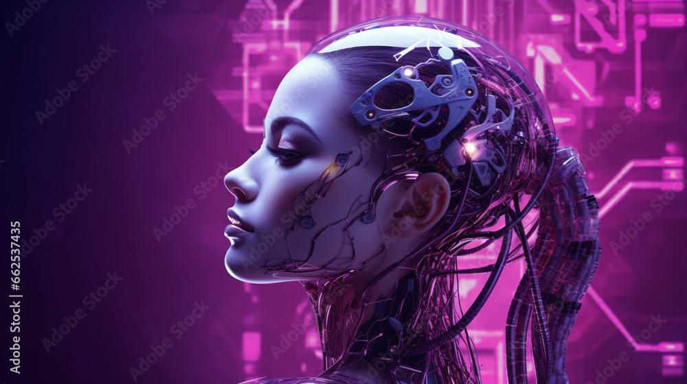 Fototapeta premium Girl character design. Cyborg face woman technology background with Generative Ai.