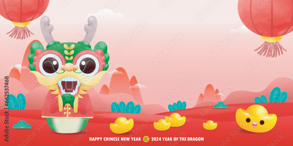 Fototapeta premium Happy Chinese new year 2024 and little dragon in year of the dragon zodiac Capricorn calendar poster design gong xi fa cai Background illustration vector, Translate happy new year