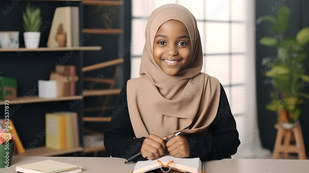 Portrait of smiling black muslim african girl child wearing hijab holding book in modern classroom Portrait of smiling black muslim african girl child wearing hijab holding book in modern classroom