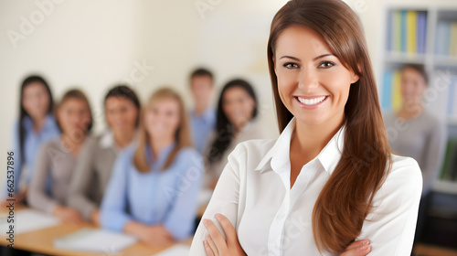 Portrait of smiling female teacher in classroom with students on the background