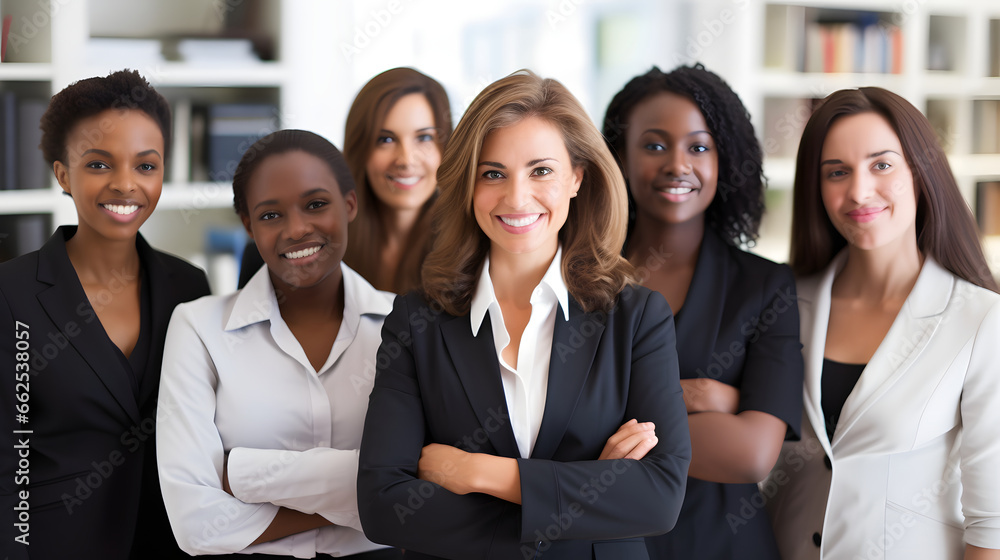 Portrait of smiling group of diverse female business team standing in office Portrait of smiling group of diverse female business team standing in office