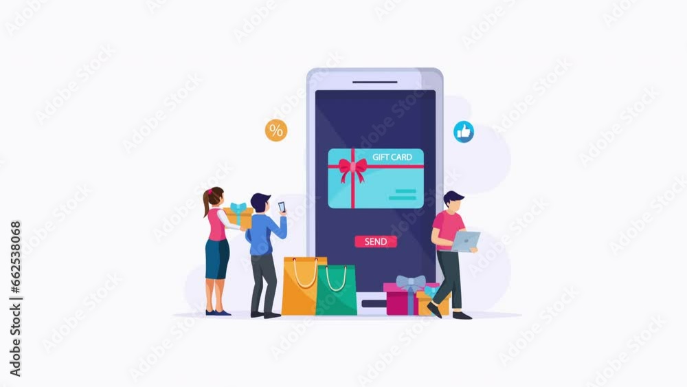 Gift card and promotion strategy, gift voucher, discount coupon and gift certificate concept, 2d video animation 4k clip Gift card and promotion strategy, gift voucher, discount coupon and gift certificate concept, 2d video animation 4k clip