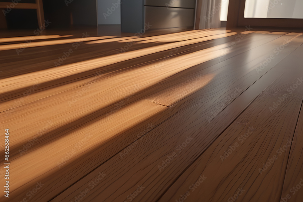 Wooden floor in empty room interior with sunlight.