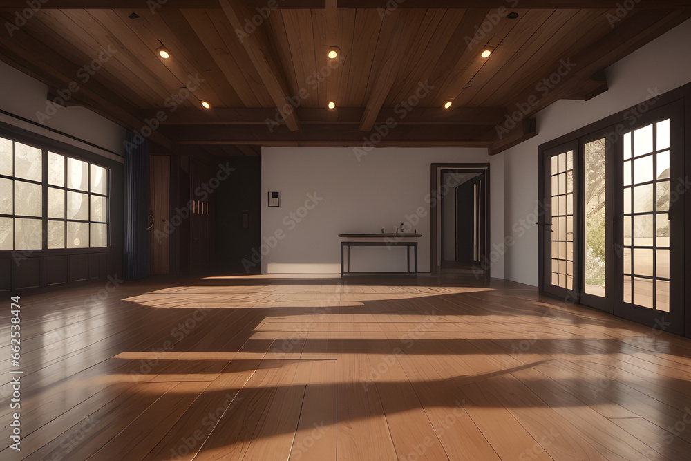 Empty room interior of modern contemporary with wooden floor with windows and sunlight.