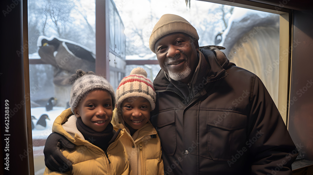 Fototapeta premium Portrait of grandfather and grandchildren smiling in front of the windowed penguin exhibit at the zoo
