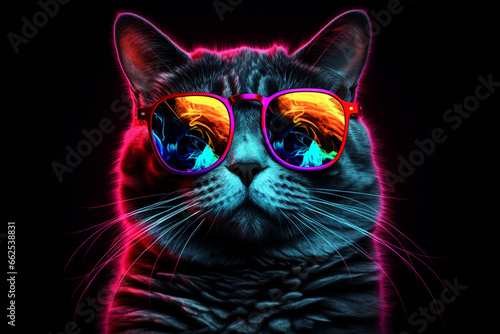 cute cat wearing glasses combination of neon lights on black background 3d rendering AI generative  © Salawati