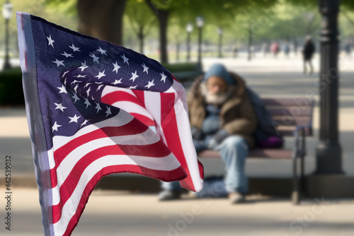 American flag and a homeless man in a park