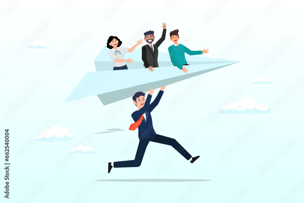 Businessman manager launching paper plane origami with team colleagues, mentor or support employee to success, manager to help or advice staff to reach goal, work coaching or adviser expert (Vector) - obrazy, fototapety, plakaty 
