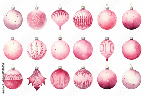 Pink Christmas ornaments set isolated on white background