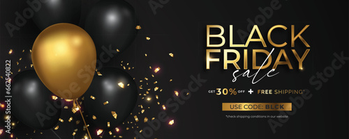 realistic black friday sale banner with golden confetti design vector illustration