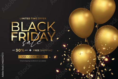 black friday sale banner with realistic balloons confetti design vector illustration