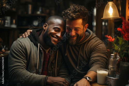 Happy multinational gay male couple indoors in cozy home