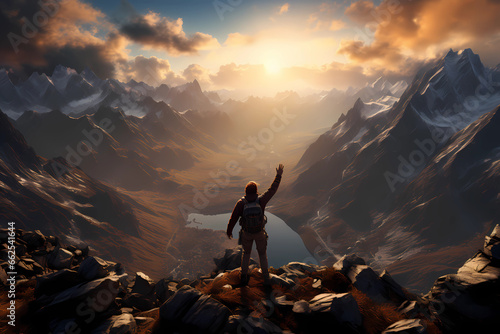 man with arms raised in the air on a mountain top, in the style of even mehl amundsen, photorealistic pastiche, contest winner photo