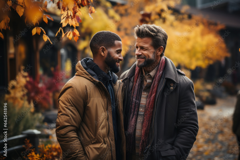 Multinational young adult gay couple relaxing in a city park Multinational young adult gay couple relaxing in a city park