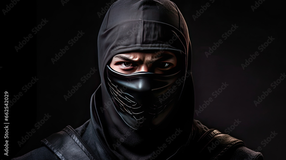 a ninja with a black mask on his face covering his face.
