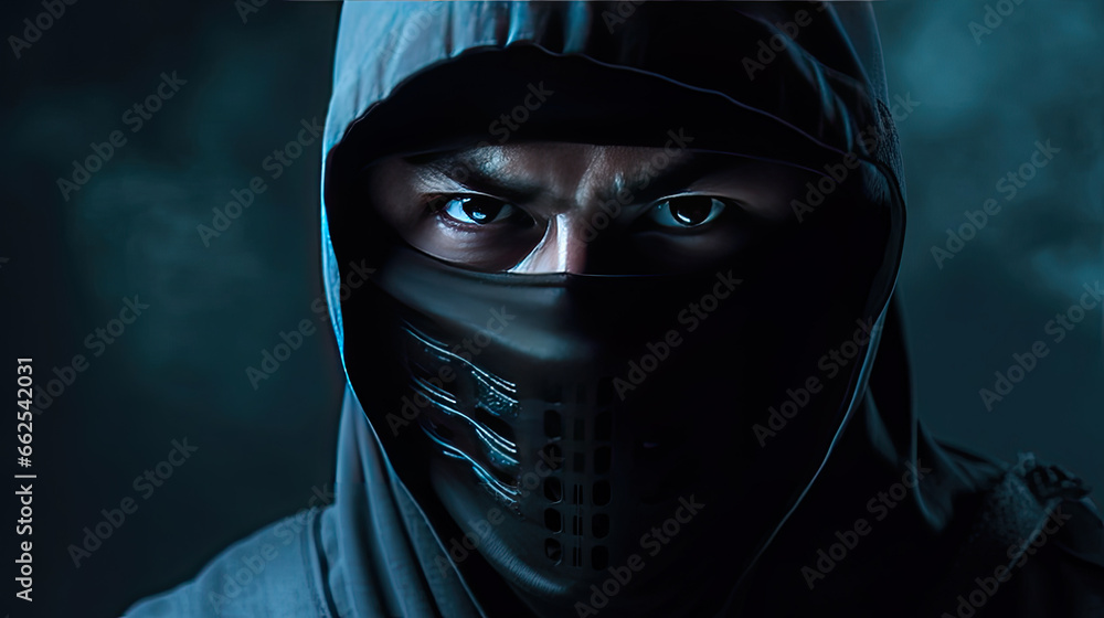 a ninja with a black mask on his face covering his face. a ninja with a black mask on his face covering his face.