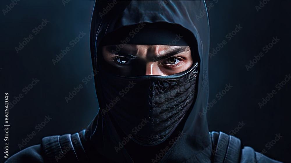 a ninja with a black mask on his face covering his face. a ninja with a black mask on his face covering his face.