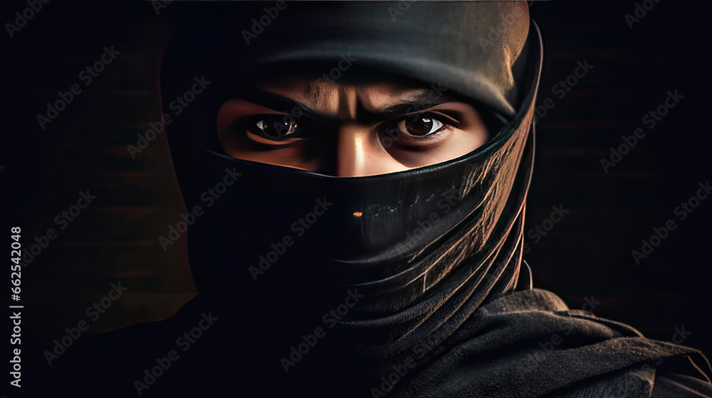 a ninja with a black mask on his face covering his face. a ninja with a black mask on his face covering his face.