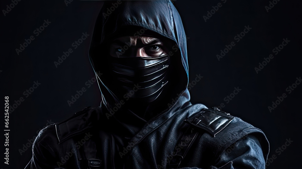 Assassin ninja in black clothes on dark background. Assassin ninja in black clothes on dark background.