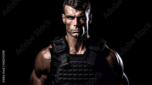 A muscular military man in a bulletproof vest. © tong2530