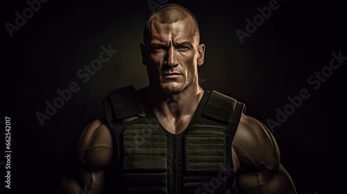 A muscular military man in a bulletproof vest.