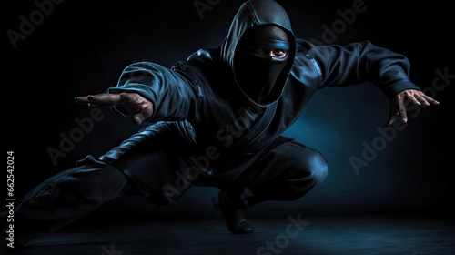 A ninja poses for a landing in the dark background.