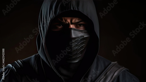 Assassin ninja in black clothes on dark background.