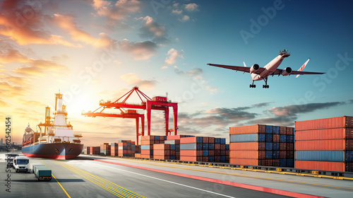 Container Cargo freight ship with working crane bridge in import export and logistics business and transportation concept